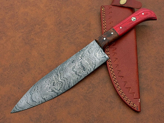 Custom Hand-Forged Damascus Steel Chef Knife | Multipurpose Kitchen & Camping Knife with Leather Sheath