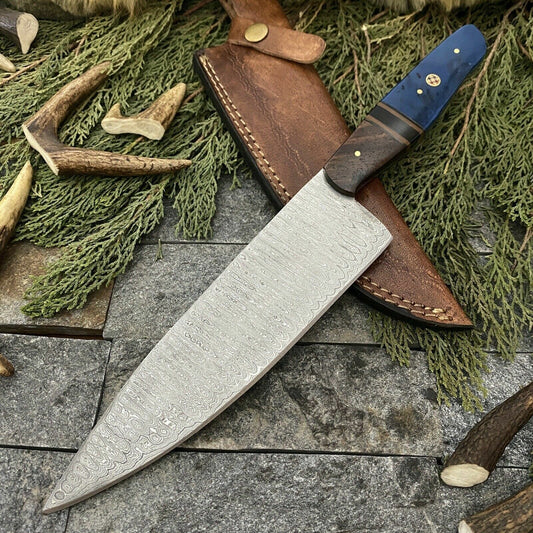 Custom Hand-Forged Damascus Steel Hunting & Kitchen Chef Knife with Leather Sheath – 13" Overall