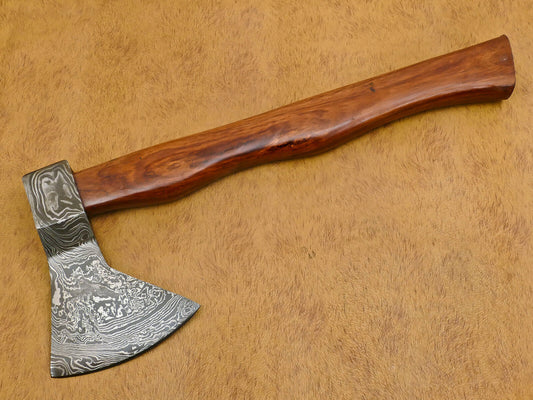 Custom Hand-Forged Damascus Tomahawk Axe with Walnut Handle and Leather Sheath