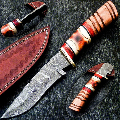 Custom Hand Forged 10" Damascus Bowie Hunting Knife – Camel Bone & Olive Wood Handle
