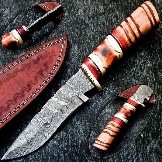 Custom Hand Forged 10" Damascus Bowie Hunting Knife – Camel Bone & Olive Wood Handle