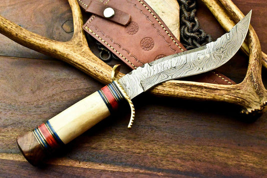 Custom Hand Forged Bowie Damascus Steel Knife With Camel Bone Handle & Sheath 