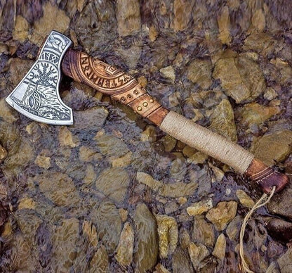 Custom Hand Forged Carbon Steel Axe Viking Axe with Ash Wood Handle & Leather Sheath