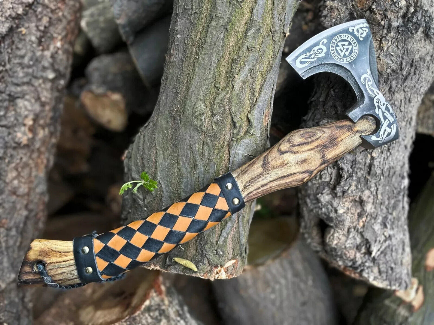Custom Hand Forged Carbon Steel Axe Viking Axe with Wooden Handle and Leather Cover