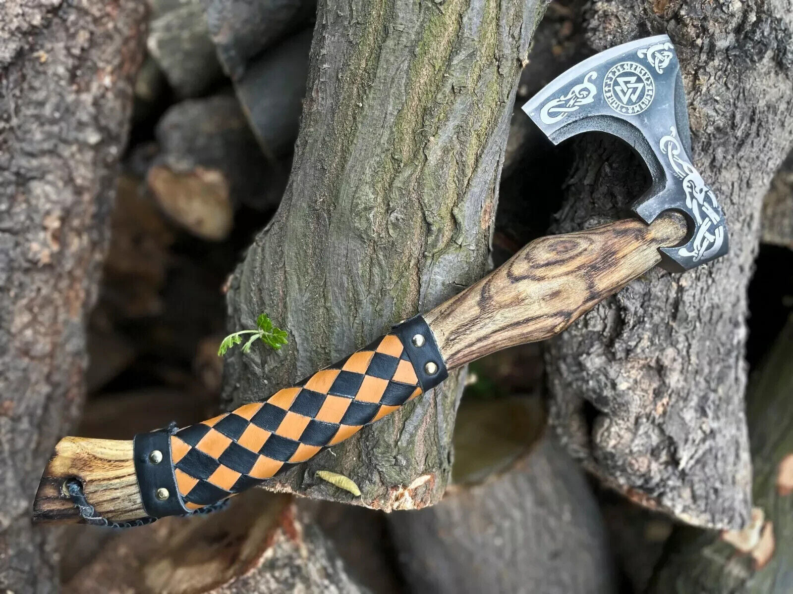 Custom Hand Forged Carbon Steel Axe Viking Axe with Wooden Handle and Leather Cover