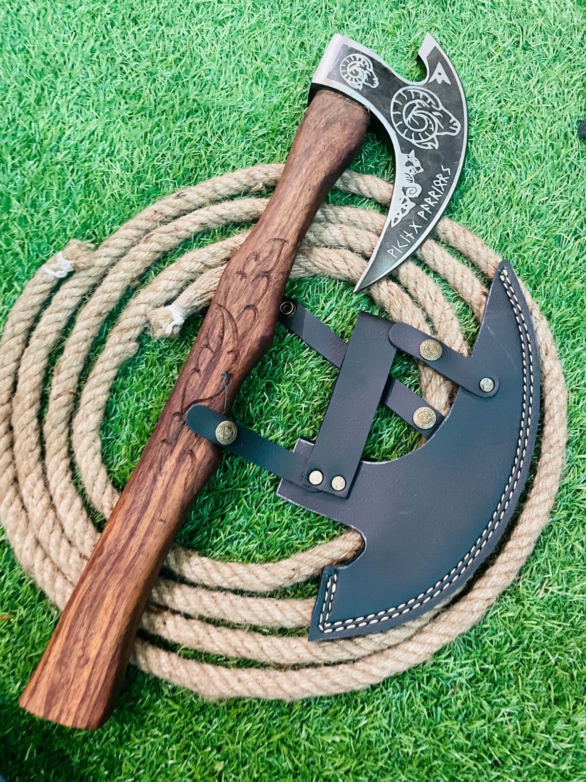 Custom Hand Forged Carbon Steel Axe Viking Bearded Axe with Wooden Handle & Sheath 