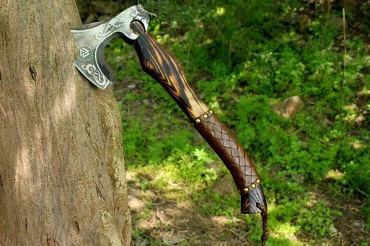 Custom Hand Forged Carbon Steel Viking Axe Tomahawk Throwing Valhalla Axe with Ashwood Handle and Leather Sheath