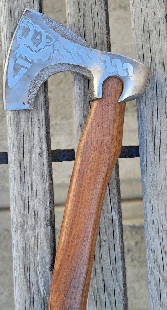 Custom Hand Forged Carbon Steel Viking Axe with Rose Wood Handle and Leather Sheath – Camping Hatchet