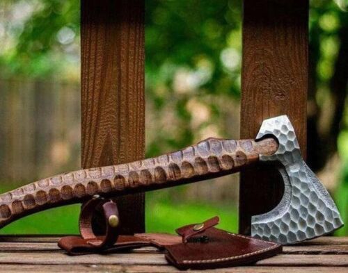 Custom Hand Forged Carbon Steel Viking Tomahawk Hatchet Axe with Ashwood Handle and Leather Sheath