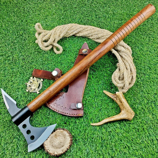 Custom Hand Forged Carbon Steel Viking Valhalla Double Head Tactical Axe with Leather Sheath
