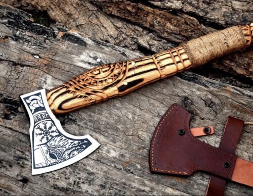 Custom Hand Forged Carbon Steel Viking Valhalla Throwing Axe with Engraved Wood Handle and Leather Sheath