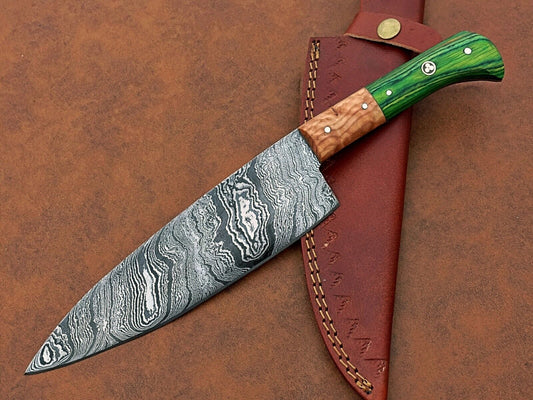 Custom Hand Forged Damascus Chef Knife Camping & Kitchen Knife with Leather Sheath – Gift