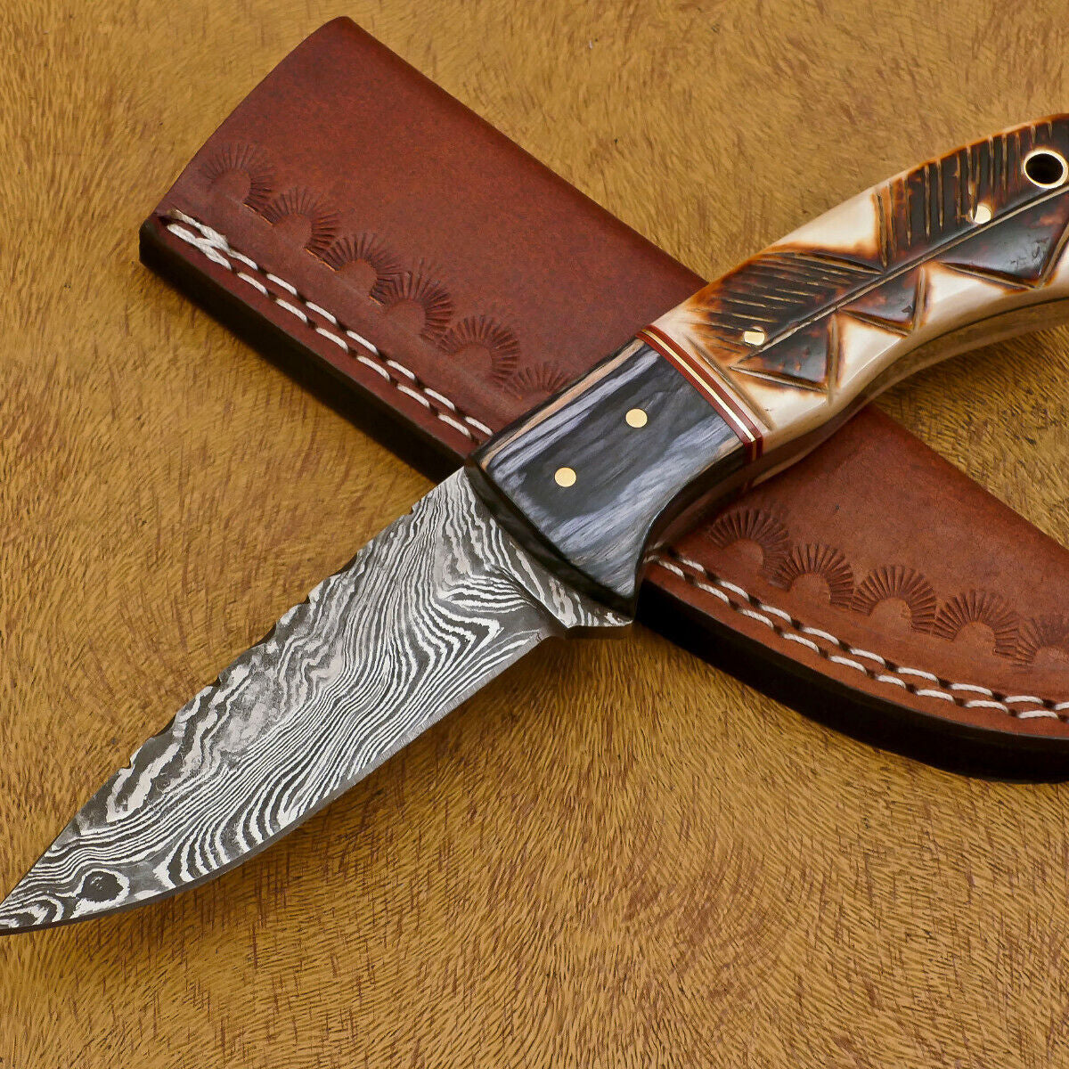 Custom Hand Forged Damascus Fixed Blade Full Tang Knife – Bone & Wood Handle