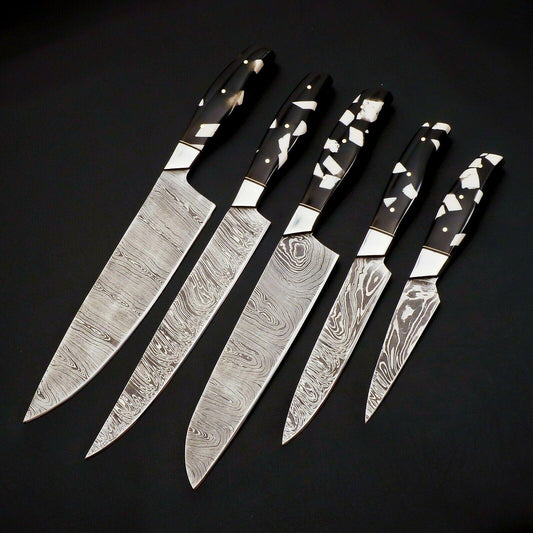 Custom Hand Forged Damascus Kitchen Knife Set with Resin Handles & Leather Sheath
