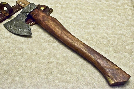 Custom Hand Forged Damascus Pipe Tomahawk Axe Integral with Walnut Handle and Leather Sheath