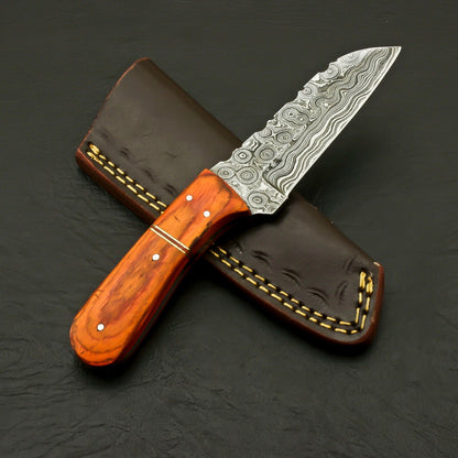 Custom Hand Forged Damascus Skinner Knife with Twist Pattern Blade and Pakka Wood Handle – Handmade Fixed Blade Hunting Knife