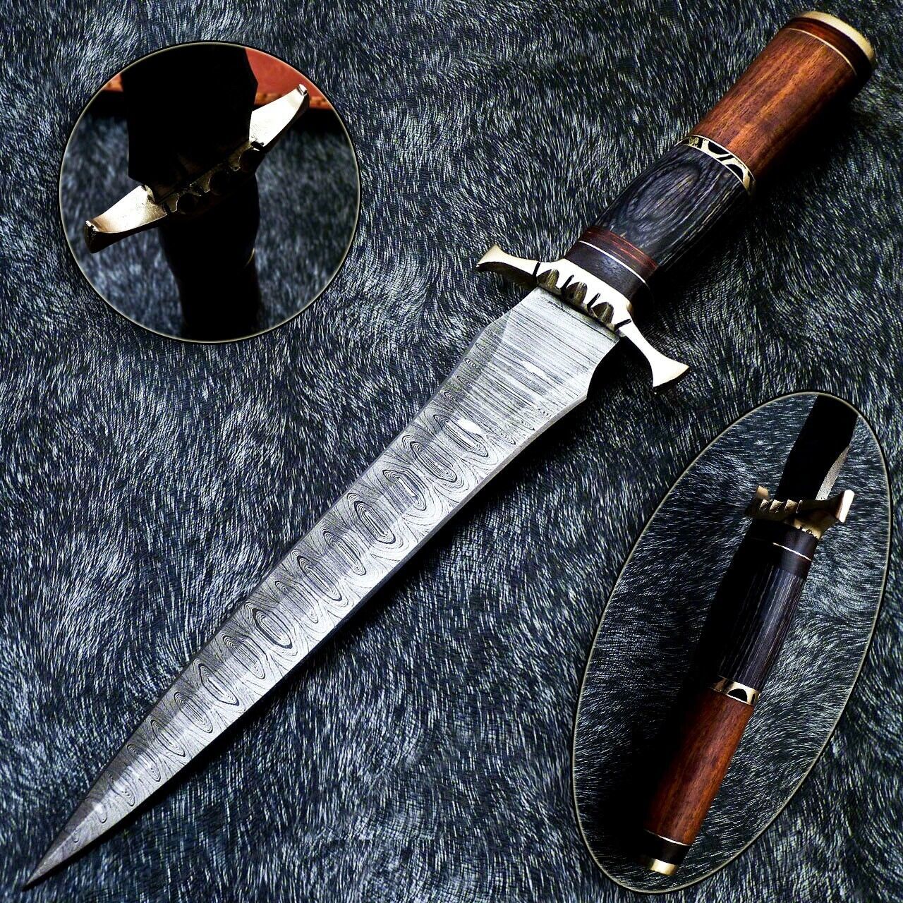 Custom Hand Forged Damascus Steel 13" Dagger Hunting Bowie Knife | Natural Wood Handle
