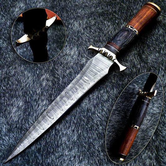 Custom Hand Forged Damascus Steel 13" Dagger Hunting Bowie Knife | Natural Wood Handle