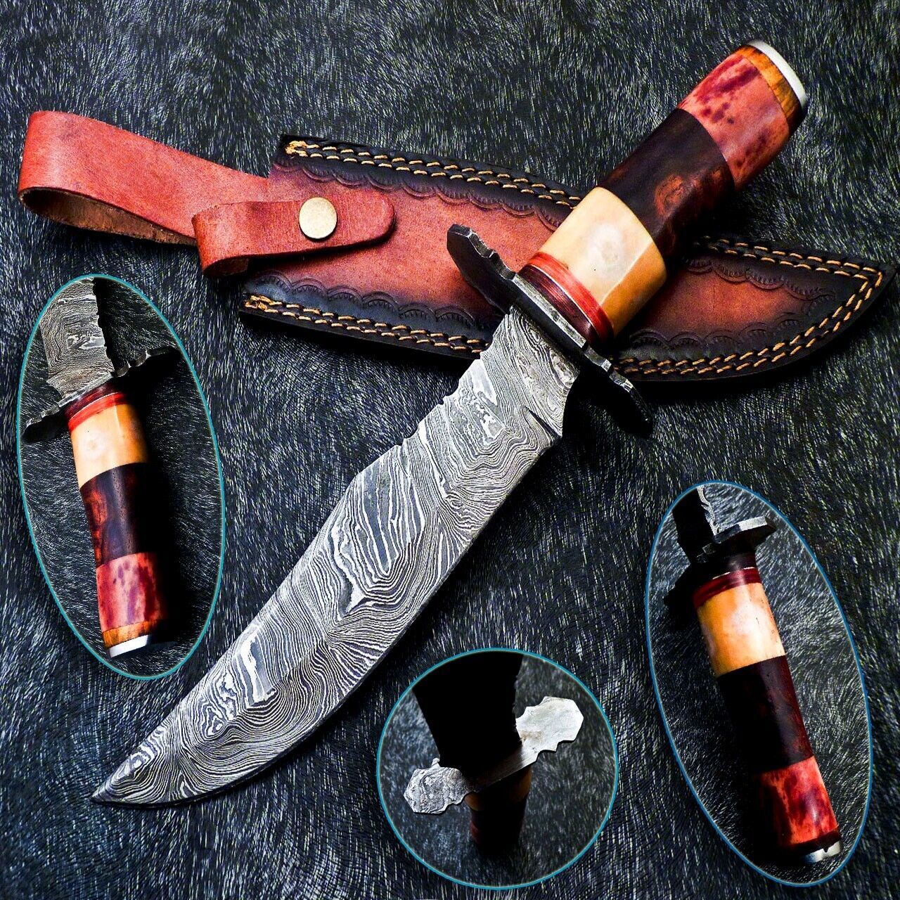 Custom Hand Forged Damascus Steel 13" Hunting Bowie Knife | Natural Wood & Camel Bone Handle