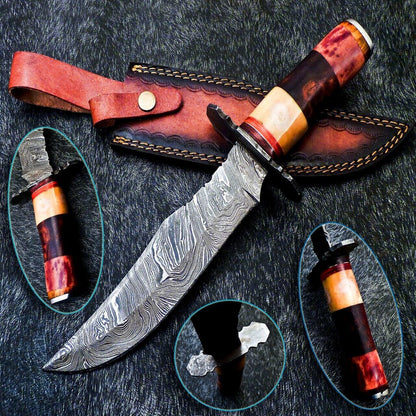 Custom Hand Forged Damascus Steel 13" Hunting Bowie Knife | Natural Wood & Camel Bone Handle