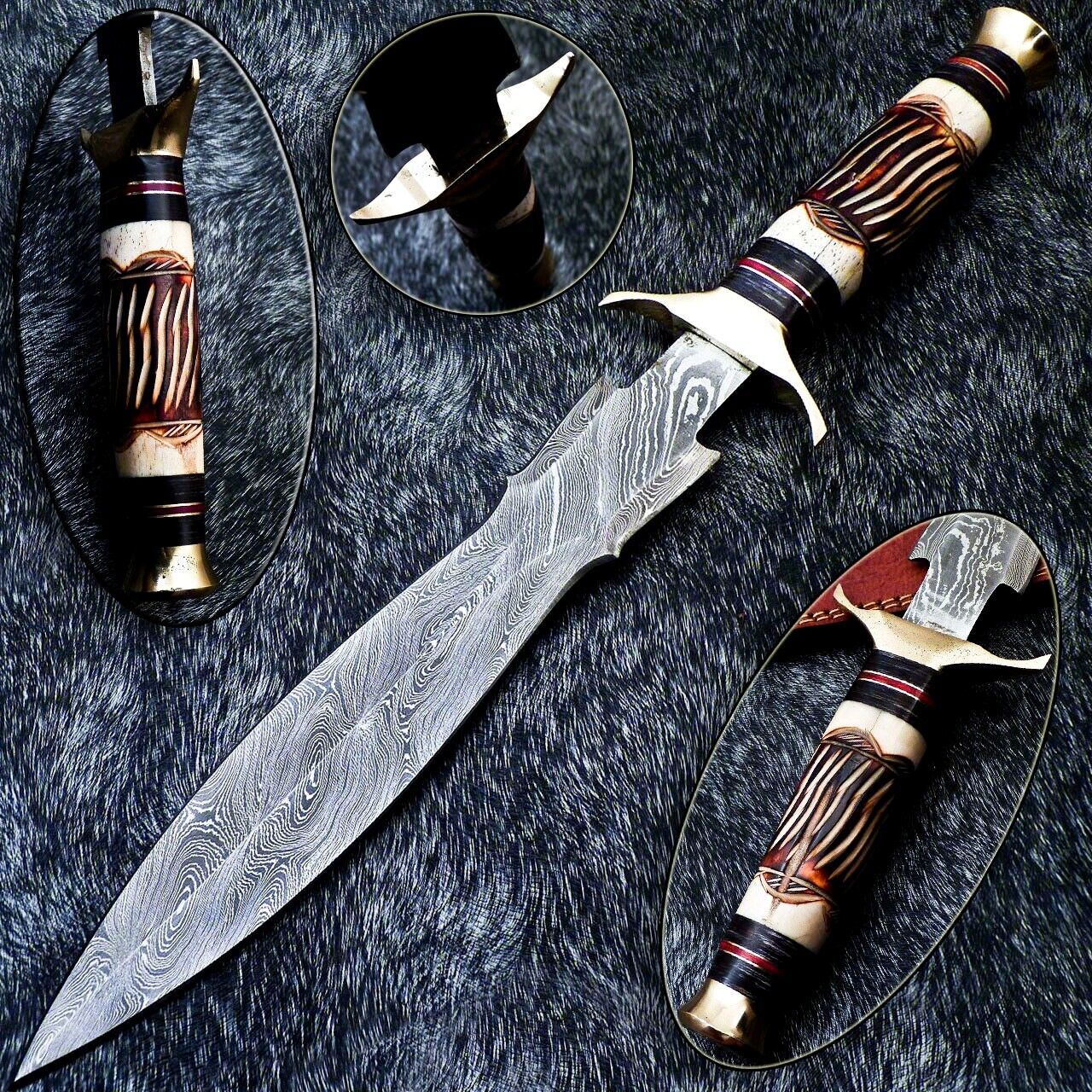 Custom Hand Forged Damascus Steel 15" Dagger Hunting Bowie Knife – Engraved Camel Bone & Hardwood Handle