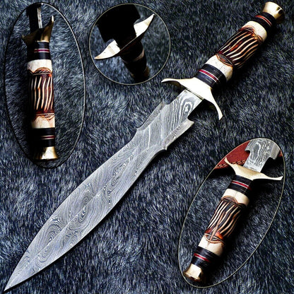 Custom Hand Forged Damascus Steel 15" Dagger Hunting Bowie Knife – Engraved Camel Bone & Hardwood Handle