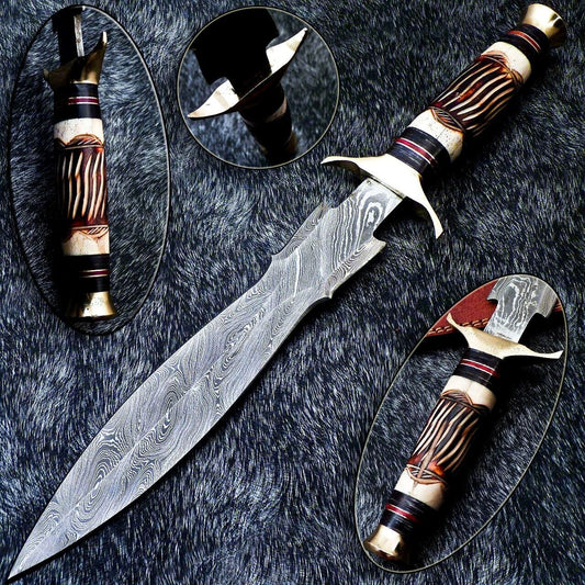 Custom Hand Forged Damascus Steel 15" Dagger Hunting Bowie Knife – Engraved Camel Bone & Hardwood Handle