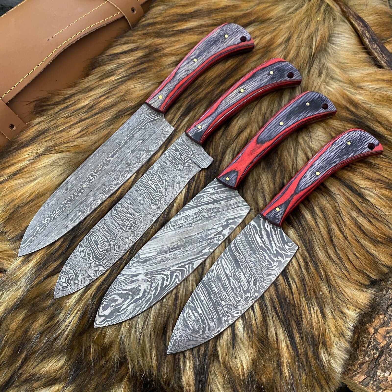  Custom Hand Forged Damascus Steel 4-Piece Kitchen Chef Knife Set with Leather Sheath