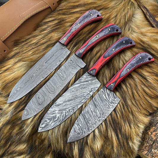  Custom Hand Forged Damascus Steel 4-Piece Kitchen Chef Knife Set with Leather Sheath