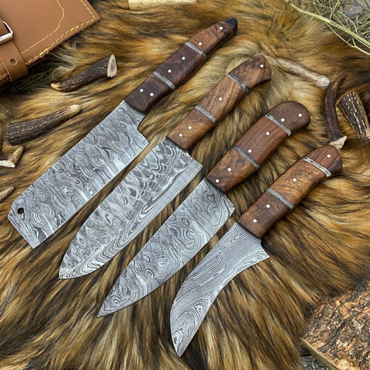 Custom Hand Forged Damascus Steel 4-Piece Kitchen Chef Knife Set with Leather Sheath Roll