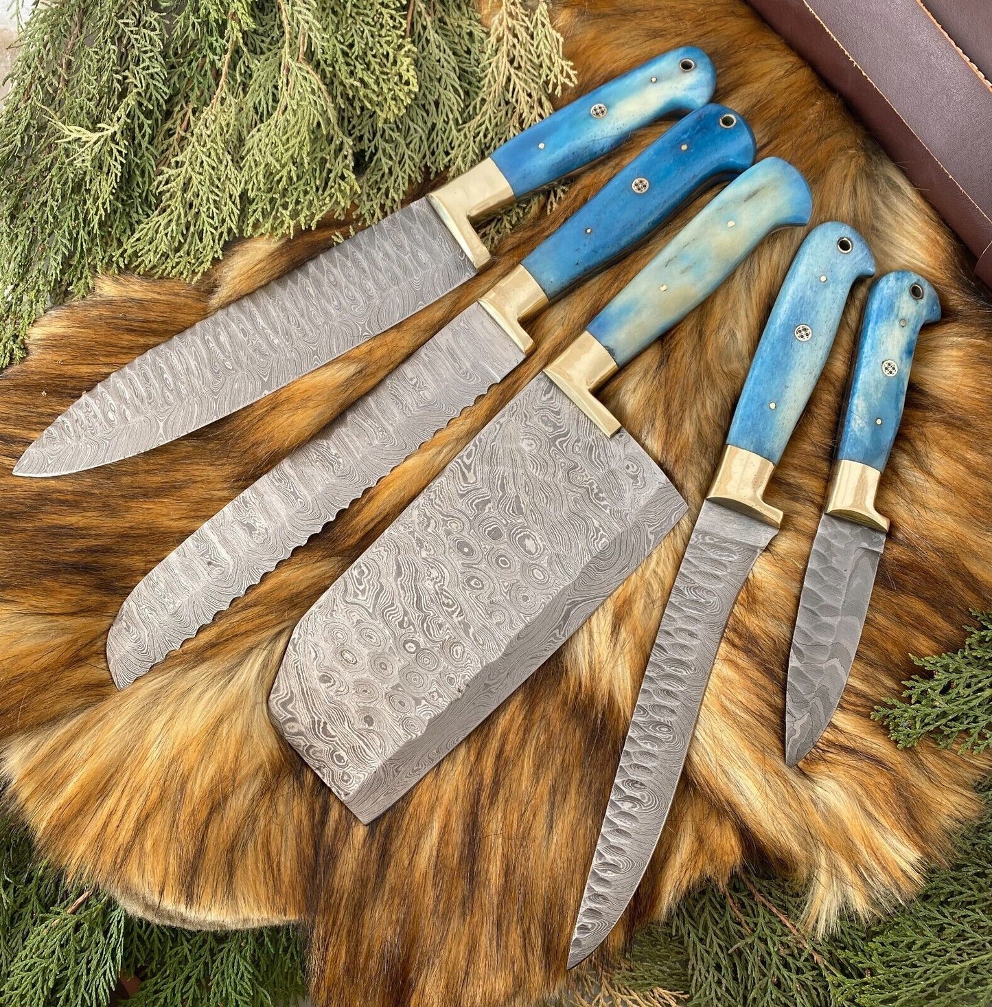 Custom Hand Forged Damascus Steel 5-Piece Kitchen Chef Knife Set with Camel Bone Handles