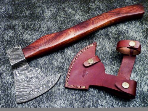 Custom Hand Forged Damascus Steel Axe Hatchet Tomahawk with Natural Wood Handle and Leather Sheath
