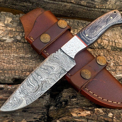 Custom Hand Forged Damascus Steel Bowie Hunting Knife | Engraved Bolster & Wood Handle