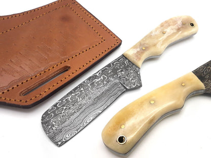 Custom Hand Forged Damascus Steel Bull Cutter Knife 8" Hunting Knife with Camel Bone Handle