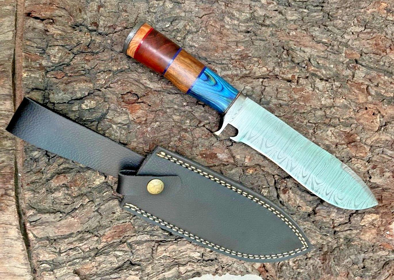 Custom Hand Forged Damascus Steel Camping Hunting Outdoor Fishing Bowie Knife with Leather Sheath