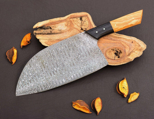 Custom Hand Forged Damascus Steel Chef Cleaver – Handmade Meat Chopper with 7" Blade