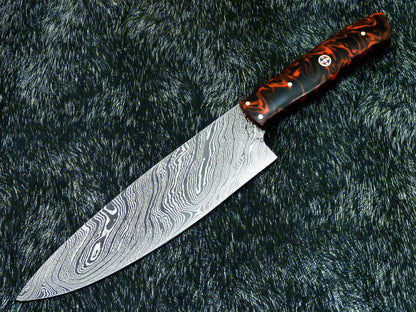 Custom Hand Forged Damascus Steel Chef Knife – 12" Kitchen Knife with 7" Twist Blade & Resin Handle