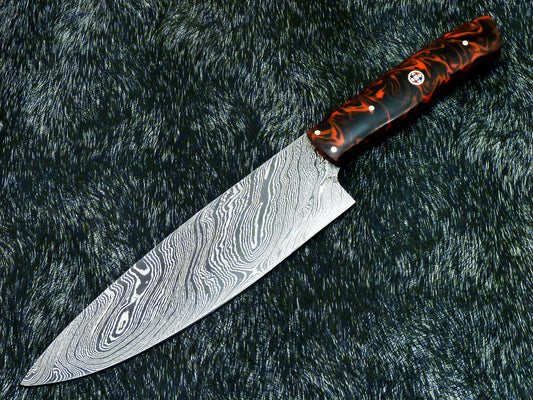 Custom Hand Forged Damascus Steel Chef Knife – 12" Kitchen Knife with 7" Twist Blade & Resin Handle