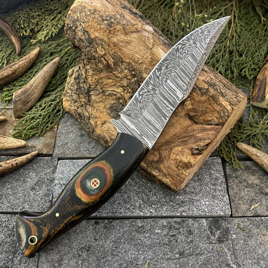 Custom Hand Forged Damascus Steel EDC Bowie Hunting Knife | Micarta Handle | Leather Sheath