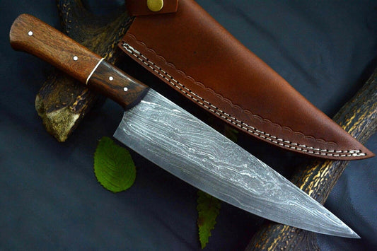 Custom Hand Forged Damascus Steel Fixed Blade Chef Knife – Handmade Walnut Handle 