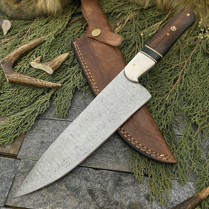 Custom Hand Forged Damascus Steel Hunting Kitchen Chef Knife with Leather Sheath