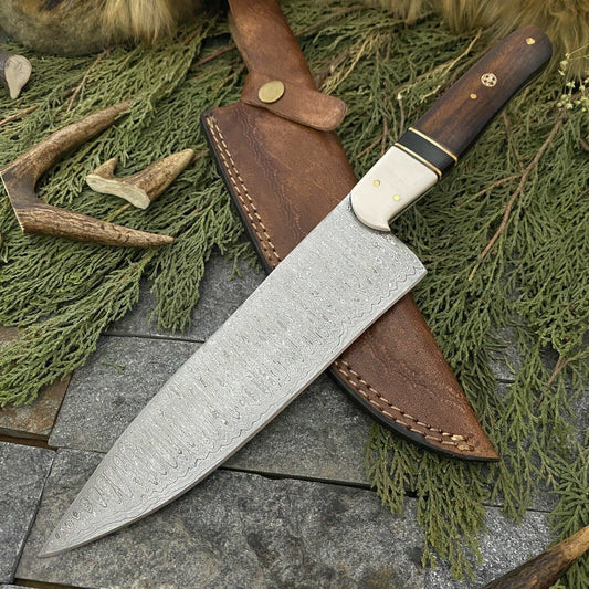Custom Hand Forged Damascus Steel Hunting Kitchen Chef Knife with Leather Sheath