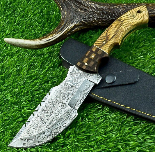 Custom Hand Forged Damascus Steel Hunting Tracker Knife | Olive & Natural Wood Handle with Sheath
