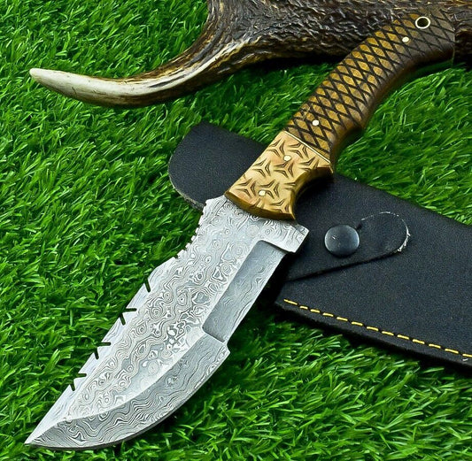 Custom Hand Forged Damascus Steel Hunting Tracker Knife | Olive Wood Handle with Sheath