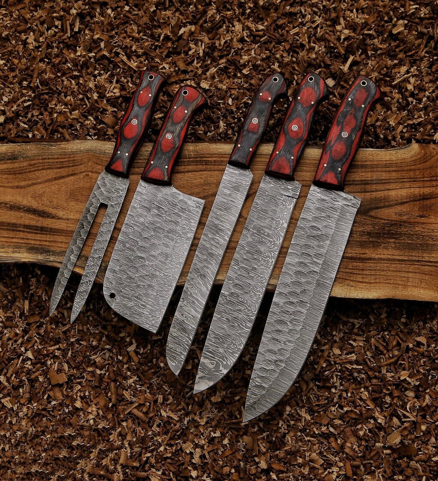 Custom Hand Forged Damascus Steel Kitchen Chef Knife Set – 5PCS Hard Wood Handles with Leather Sheaths