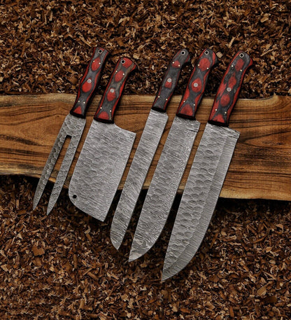 Custom Hand Forged Damascus Steel Kitchen Chef Knife Set – 5PCS Hard Wood Handles with Leather Sheaths