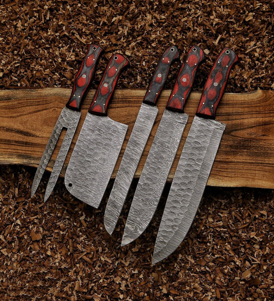 Custom Hand Forged Damascus Steel Kitchen Chef Knife Set – 5PCS Hard Wood Handles with Leather Sheaths