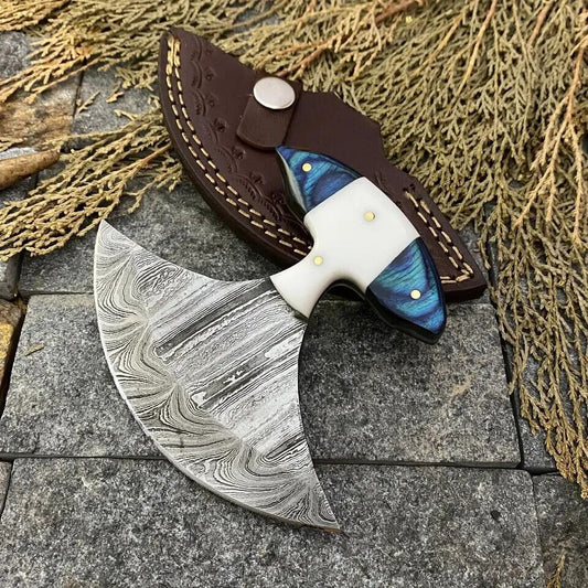 Custom Hand Forged Damascus Steel Skinner Knife with Rosewood and Bone Handle – Handmade Hunting Knife with Leather Sheath
