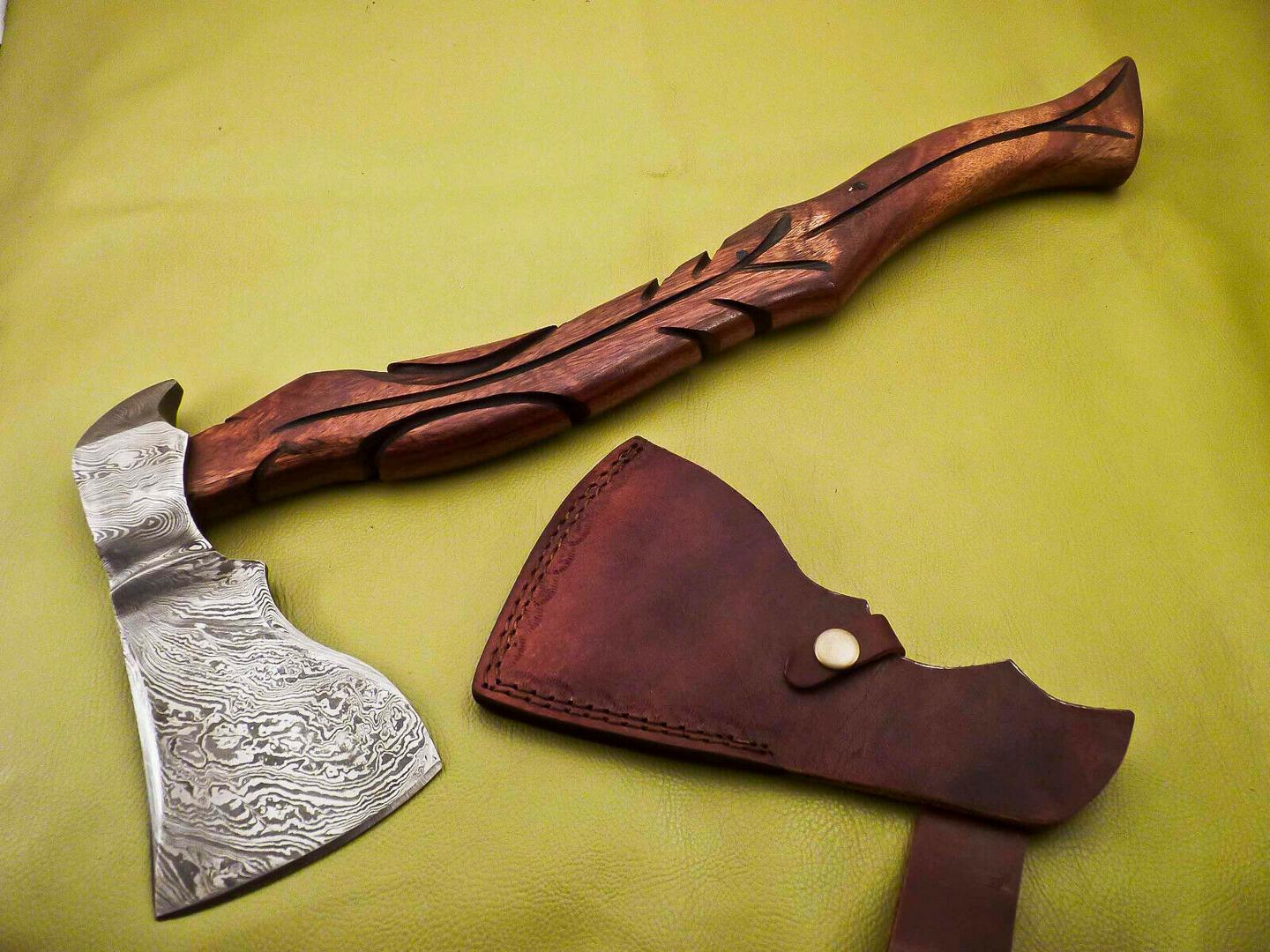 Custom Hand Forged Damascus Steel Tomahawk Axe Knife With Carved Burl Wood Handle