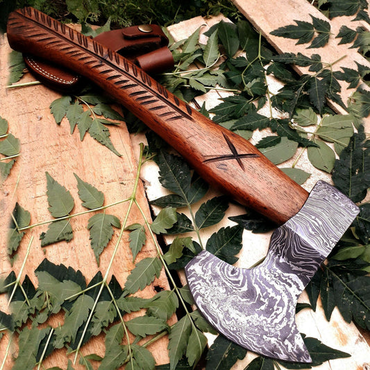 Custom Hand Forged Damascus Steel Viking Axe with Rosewood Handle and Leather Sheath – 14 Inch